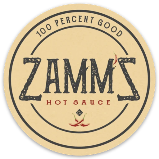 Zamm'Z Hot Sauce round badge logo, 100 Percent Good