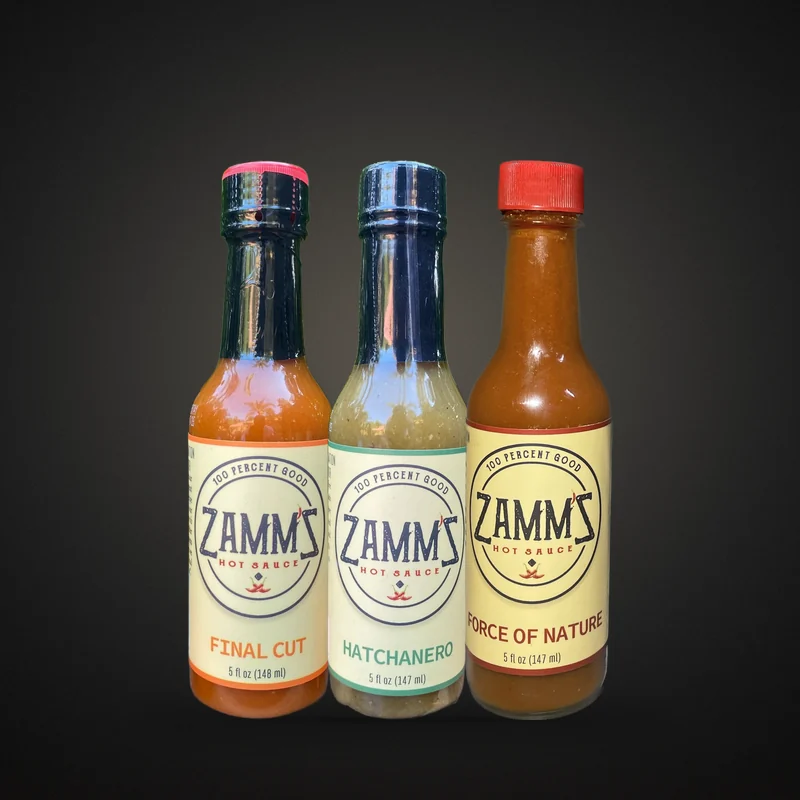 Three Zamm'Z hot sauce bottles: Final Cut, Hatchanero and Force of Nature