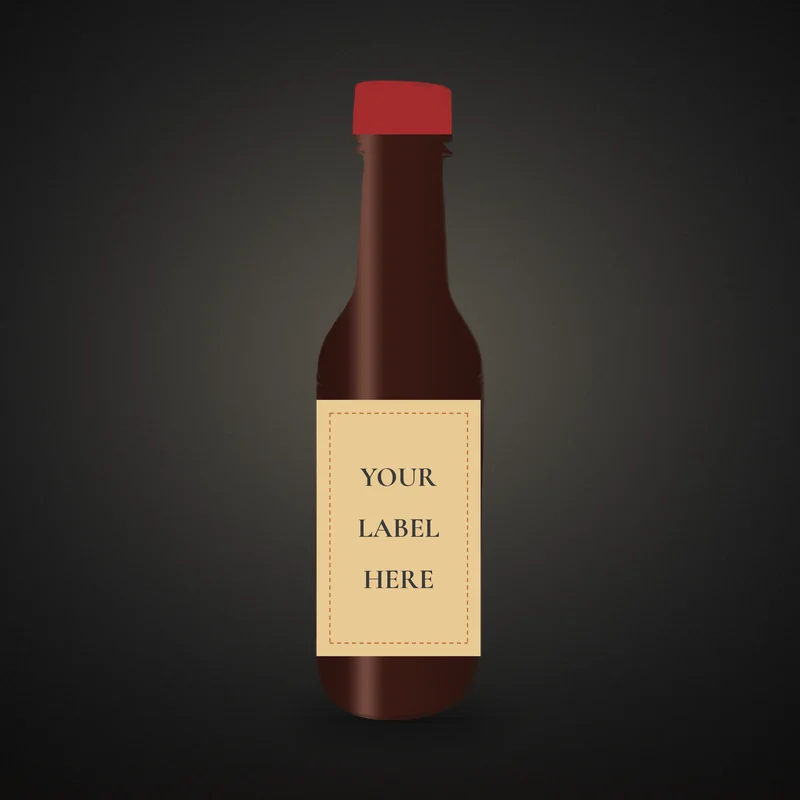 Illustration of a plain hot sauce bottle with a blank label that reads Your label here