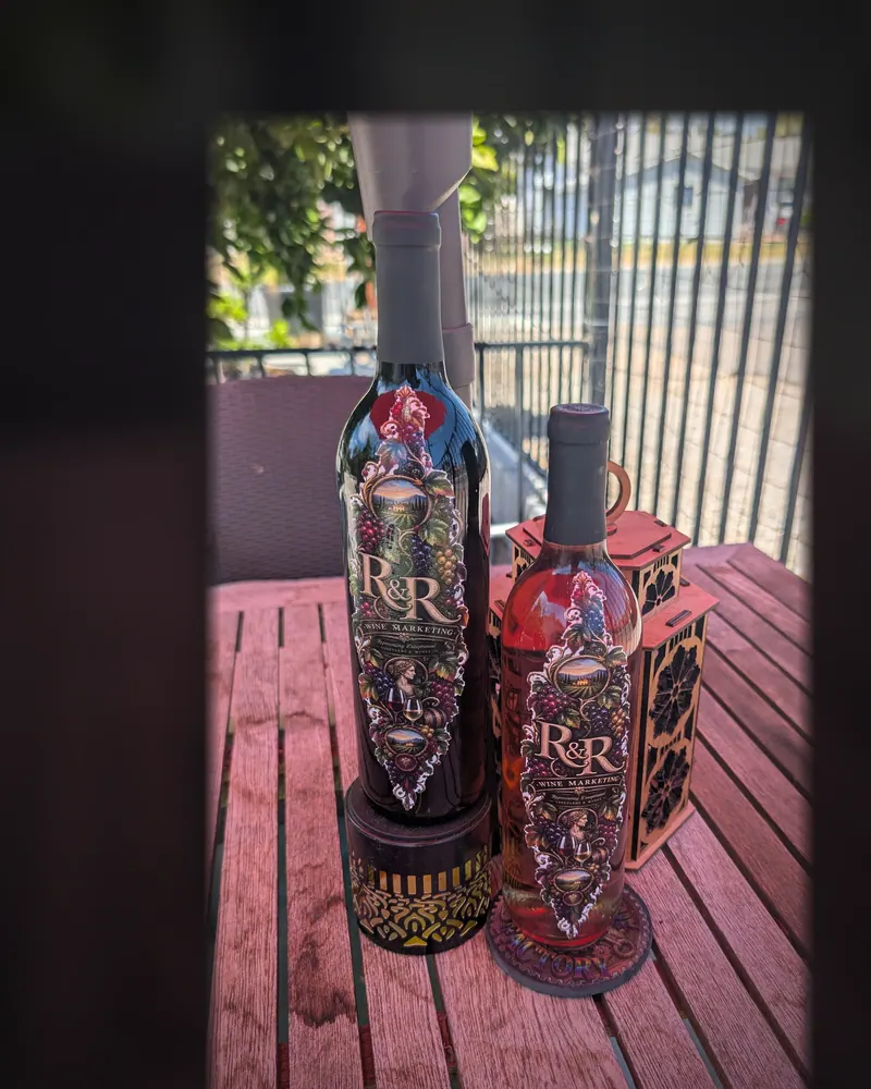 R&R Wine Marketing, 2026: A pair of custom bottles, out on the patio