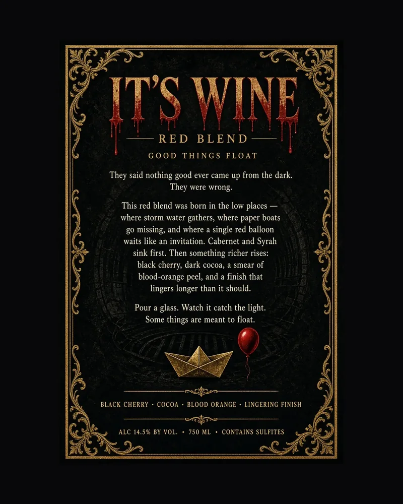 Back label design for It's Wine red blend, gold type on black