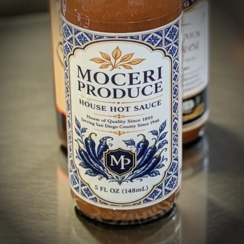 Close-up of the Moceri Produce house hot sauce label