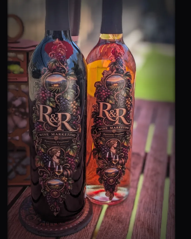 Two bottles in full-wrap R&R Wine Marketing labels