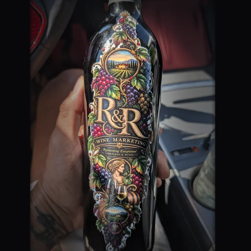 Close-up of the R&R Wine Marketing full-wrap label, held in a hand