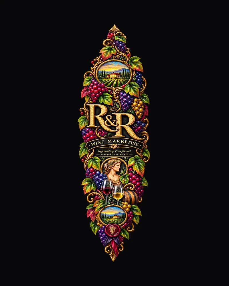 R&R Wine Marketing full-wrap label artwork with grapes and scrollwork