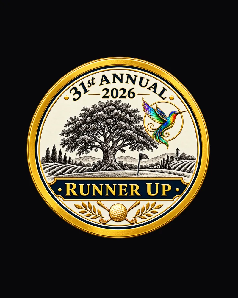 Round gold Runner Up capsule seal artwork with a tree and hummingbird