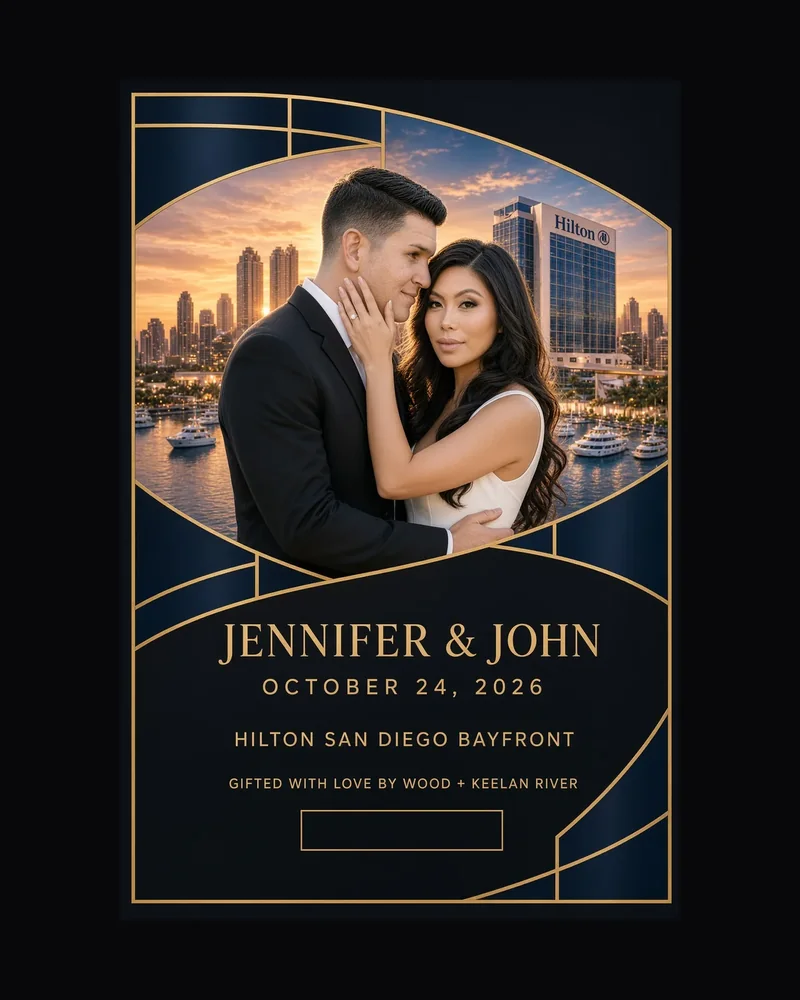 Wedding label design in art deco navy and gold