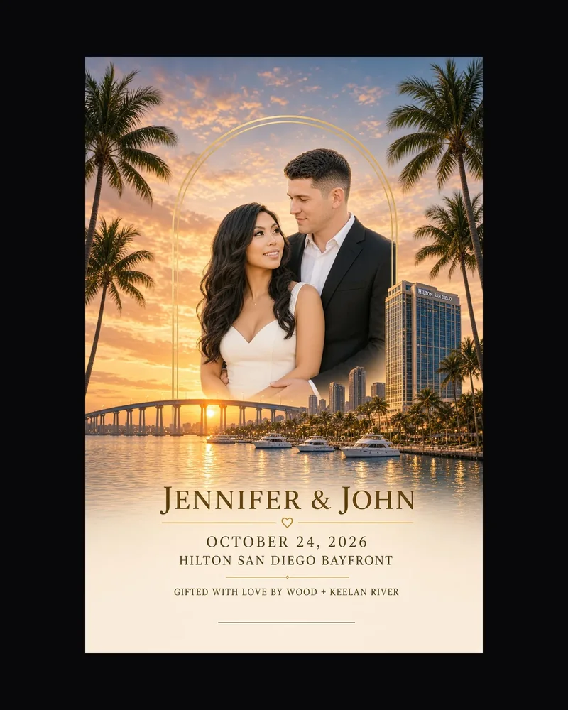 Wedding label design with a couple against a sunset and palm trees