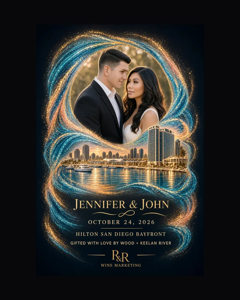 Wedding label design with a couple framed by a swirl of blue and gold light