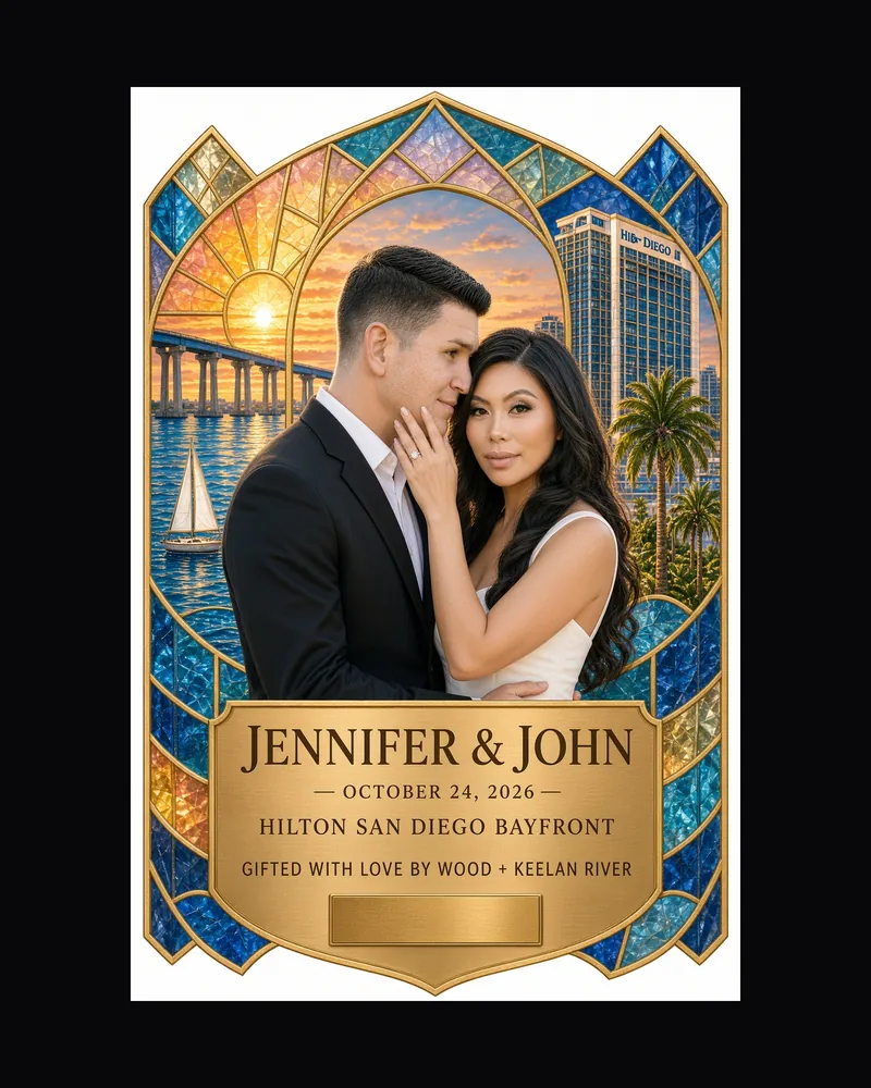 Stained-glass style wedding label artwork