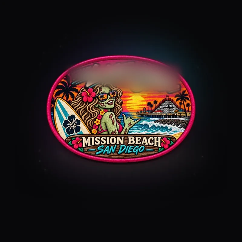 Jimi Lane Mission Beach oval patch: surf, palms and sunset