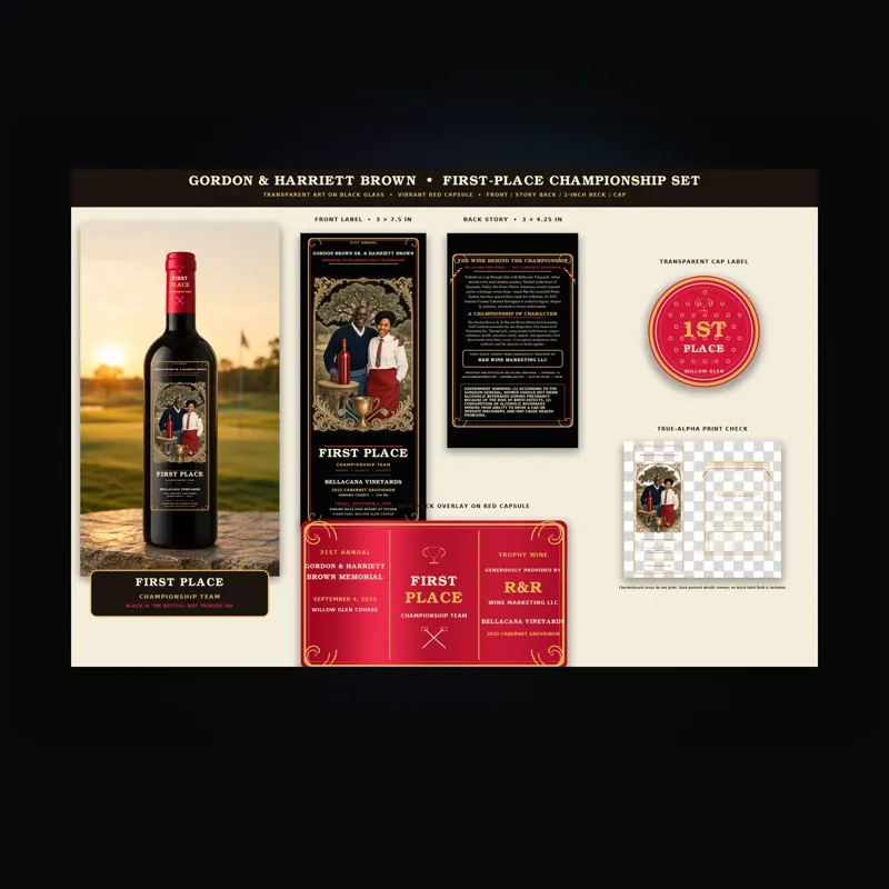First Place championship label set proof for the Gordon and Harriett Brown golf tournament