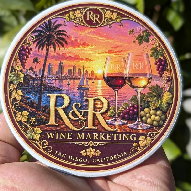 Round coaster with a San Diego sunset scene, made for R&R