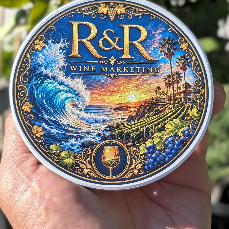 Round coaster with a wave and vineyard scene, made for R&R
